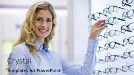  Presentation with optical - Slides with smiling female customer selecting spectacles in optical store background and a light blue colored foreground
