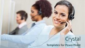  Presentation with customer service - Audience pleasing PPT theme consisting of smiling female customer service backdrop and a sky blue colored foreground