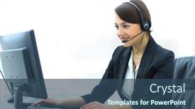 Presentation with support - Cool new slides with smiling female customer support phone operator at workplace backdrop and a ocean colored foreground