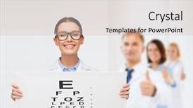  Presentation with eye medicine - PPT theme with smiling female doctor in eye background and a lemonade colored foreground