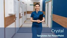  Presentation with medical worker - PPT theme having smiling-female-doctor-poses background and a ocean colored foreground