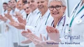  Presentation with female - Colorful slide set enhanced with smiling-female-doctor-standing backdrop and a sky blue colored foreground