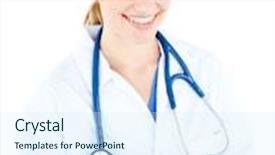  Presentation with taking notes - Cool new theme with smiling female doctor taking notes on her notepad against white background backdrop and a sky blue colored foreground