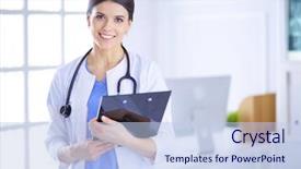  Presentation with consulting - Colorful presentation theme enhanced with smiling female doctor with stethoscope backdrop and a light blue colored foreground