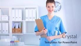  Presentation with female doctor - Audience pleasing slide set consisting of smiling female doctor with a folder in uniform standing at hospital backdrop and a light blue colored foreground
