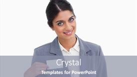  Presentation with entrepreneur - Audience pleasing theme consisting of smiling female entrepreneur pointing at name sign against a white background backdrop and a gray colored foreground