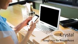  Presentation with executive performance evaluation - PPT theme featuring smiling female executive using mobile background and a  colored foreground