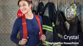  Presentation with fire station - Audience pleasing slide deck consisting of smiling female firefighter looking away backdrop and a wine colored foreground