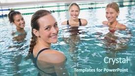  Presentation with aerobics - Slides featuring smiling female fitness class doing aqua aerobics in swimming pool at the leisure centre background and a ocean colored foreground