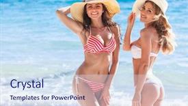  Presentation with college education happy smiling - Cool new presentation with smiling female friends in bikini backdrop and a sky blue colored foreground