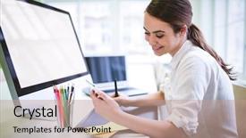  Presentation with graphic - Cool new PPT layouts with smiling female graphic designer looking backdrop and a coral colored foreground