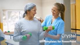  Presentation with rehab - PPT layouts having smiling-female-nurse-assisting-elderly background and a teal colored foreground
