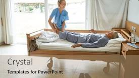  Presentation with elderly home - Slide set enhanced with smiling-female-nurse-lifting-legs background and a  colored foreground