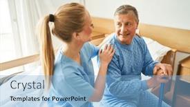  Presentation with elderly - PPT layouts consisting of smiling-female-nurse-sitting background and a light blue colored foreground