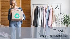  Presentation with recycle - Slide set enhanced with smiling-female-put-stack-things background and a  colored foreground