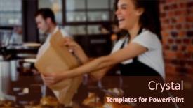  Presentation with retail food - Presentation design enhanced with smiling-female-shop-assistant-holding background and a tawny brown colored foreground