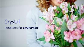  Presentation with tropical flowers close up - Colorful presentation design enhanced with smiling female smelling pink flower backdrop and a sky blue colored foreground