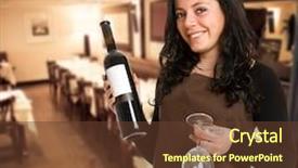  Presentation with sommelier - Presentation design consisting of smiling female sommelier presenting a wine bottle with a blank label and a pair of glasses in a restaurant background and a tawny brown colored foreground