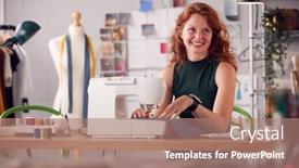  Presentation with sewing machine - PPT theme featuring smiling-female-student-or-business background and a coral colored foreground