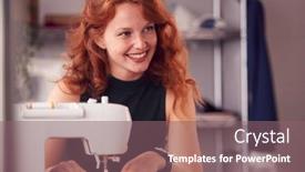  Presentation with sewing machine - Slide set featuring smiling-female-student-or-business background and a violet colored foreground