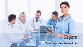  Presentation with mature masked female surgeon - PPT theme with savory roasted potatoes with arugula background and a  colored foreground.