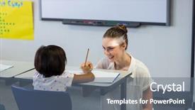  Presentation with kneeling - Audience pleasing theme consisting of smiling female teacher kneeling by schoolgirl in classroom backdrop and a gray colored foreground