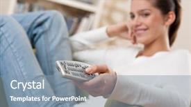  Presentation with television watching - Slide set having smiling female teenager watching television background and a  colored foreground