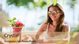  Presentation with thai - Slide deck enhanced with smiling female tourist at thai background and a coral colored foreground