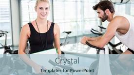  Presentation with exercise bike - Presentation theme featuring smiling female trainer looking at the camera and man using exercise bike background and a light blue colored foreground