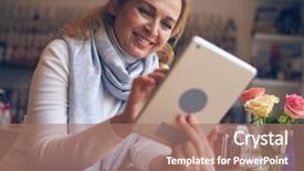  Presentation with using digital tablet - PPT theme enhanced with smiling female using digital tablet background and a coral colored foreground