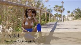  Presentation with blue music - Beautiful slide deck featuring smiling female wearin swimsuit top blue shorts and roller skates sitting listening music with headphones backdrop and a coral colored foreground