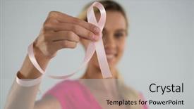  Presentation with pink ribbon - Amazing slides having smiling female with pink ribbon backdrop and a  colored foreground