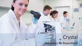  Presentation with female - Slide deck consisting of smiling female with researchers work background and a  colored foreground