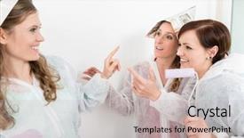  Presentation with small group working - PPT theme featuring smiling female worker discussing together background and a soft green colored foreground