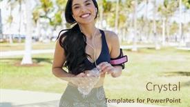  Presentation with ethnic - Colorful presentation theme enhanced with smiling fit ethnic girl in sportive clothes wearing earphones and holding bottle of refreshing water laughing at camera backdrop and a soft green colored foreground