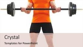  Presentation with weight - Colorful presentation enhanced with smiling fitness bodybuilder man at biceps brachii muscles exercises with training dumbbells weight isolated on white backdrop and a lemonade colored foreground