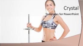  Presentation with barbell - Amazing slide set having smiling fitness girl with barbell looking at camera isoolated wite background backdrop and a white colored foreground