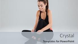  Presentation with tie shoelaces - Audience pleasing slides consisting of smiling-fitness-woman-sitting backdrop and a light gray colored foreground