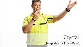  Presentation with football referee - Slide deck consisting of smiling-football-referee-blowing background and a white colored foreground