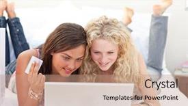  Presentation with online shopping - Colorful theme enhanced with smiling friend girls shopping online backdrop and a coral colored foreground