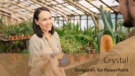  Presentation with friendly - Amazing PPT theme having smiling-friendly-asian-seller-holding backdrop and a coral colored foreground