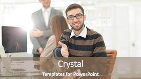  Presentation with friendly - Beautiful presentation theme featuring smiling friendly businessman offers a handshake backdrop and a coral colored foreground