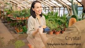  Presentation with contactless - Audience pleasing PPT layouts consisting of smiling-friendly-female-seller-holding backdrop and a coral colored foreground