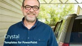  Presentation with car parking lot - Cool new presentation theme with smiling-friendly-mature-man backdrop and a ocean colored foreground