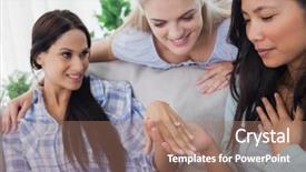  Presentation with engagement - PPT layouts enhanced with smiling friends admiring brunettes engagement background and a coral colored foreground