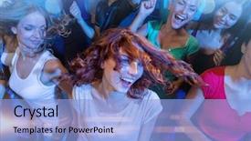  Presentation with celebration - Cool new presentation design with smiling friends dancing in club backdrop and a light blue colored foreground