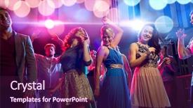  Presentation with holidays - PPT theme featuring smiling friends dancing in club background and a wine colored foreground