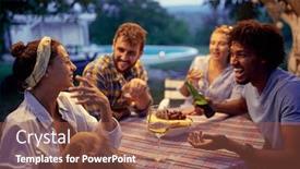  Presentation with friends - Slide deck with smiling-friends-drinking-and-talking background and a tawny brown colored foreground