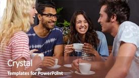  Presentation with five business people standing together and smiling - Cool new PPT theme with smiling friends enjoying coffee together at the coffee shop backdrop and a tawny brown colored foreground