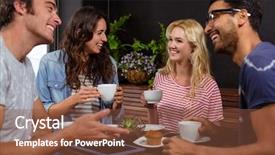  Presentation with five business people standing together and smiling - Slides with smiling friends enjoying coffee together background and a tawny brown colored foreground